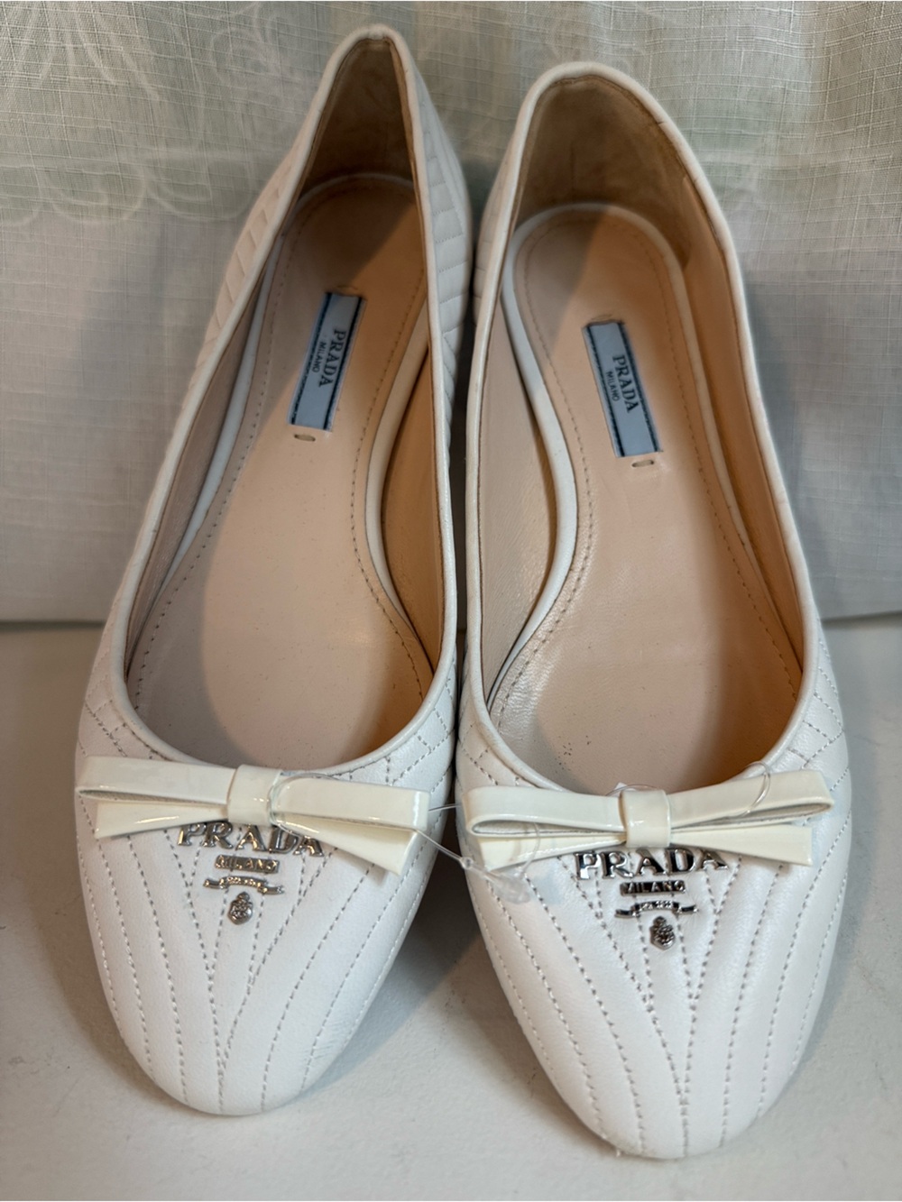 Prada Cream Quilted Leather Ballet Flats with Bow and Logo Size EU 37.5 & US 7